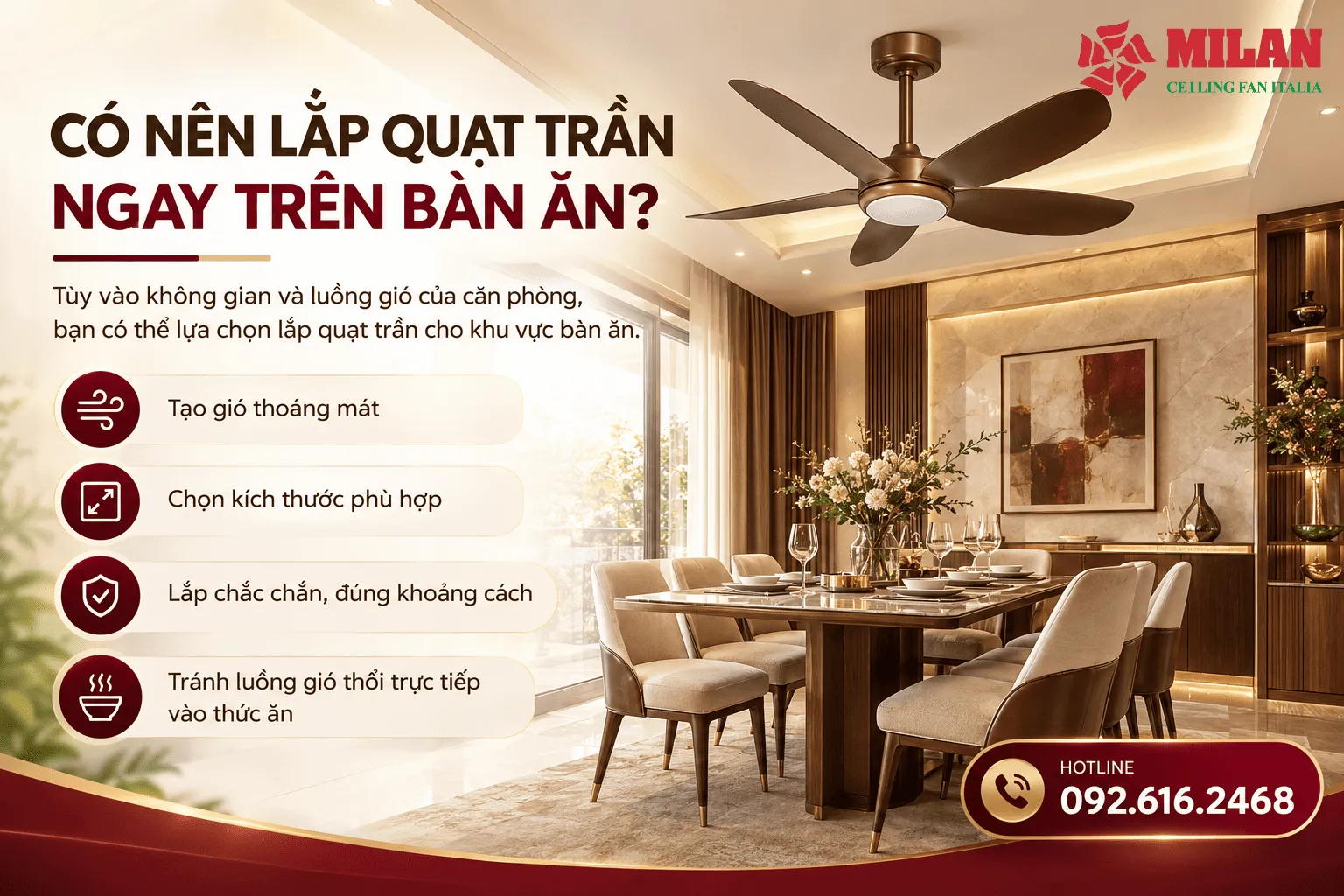 lắp quạt trần trên bàn ăn